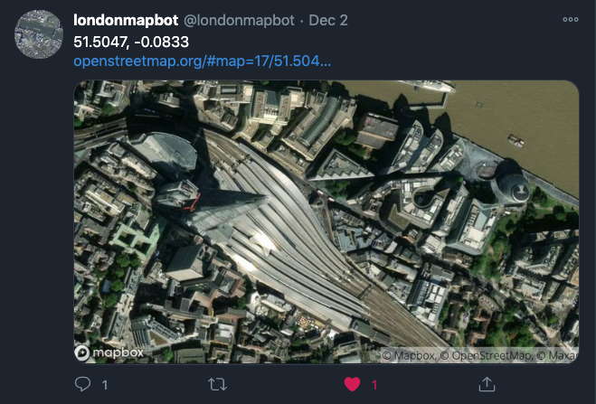 Screenshot of a tweet by londonmapbot showing a satellite view of the area round London Bridge Station and The Shard.