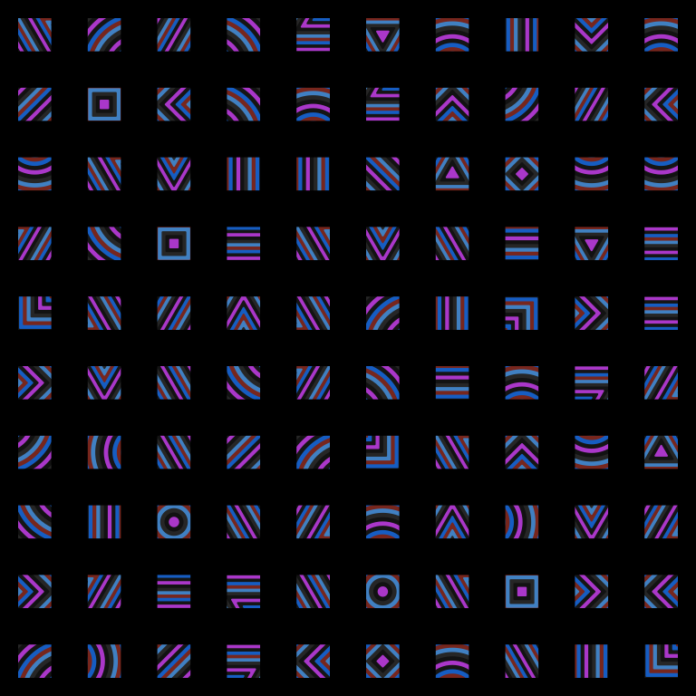 A square image containing 100 panels in a 10 by 10 grid. Each panel contains concentric patterns of squares, triangles or circles with an alternating randomised colour palette. The lines created by the concentric shapes appear thin. There are extremely thick black borders around each panel.