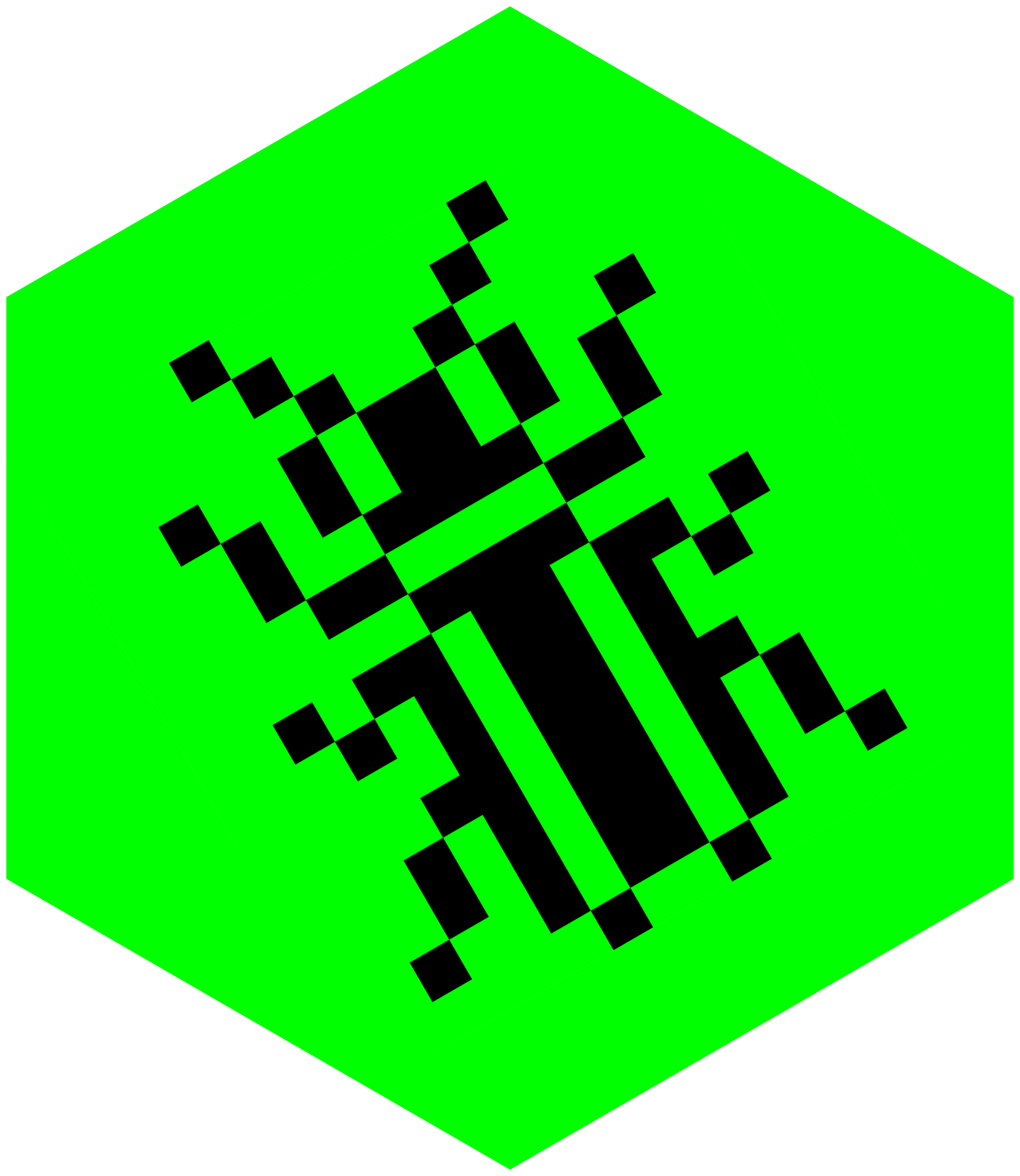 Hexagonal sticker with pixel-art of the the rostrum.blog insect logo on it.