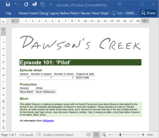 Screenshot of Microsoft Word with details in it from episode 101 of Dawson's Creek.
