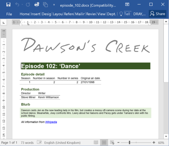 Screenshot of Microsoft Word with details in it from episode 102 of Dawson's Creek.