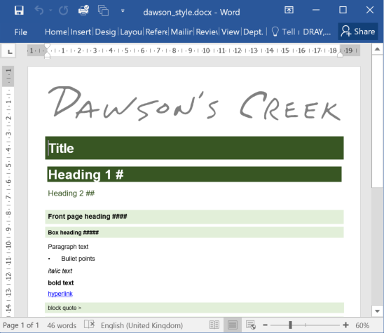 Screenshot of Microsoft Word showing the style document.