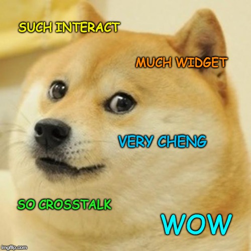 The 'doge' meme: a shiba inu dog is surrounded by text in poor English, like 'such interact' and 'much widget'.