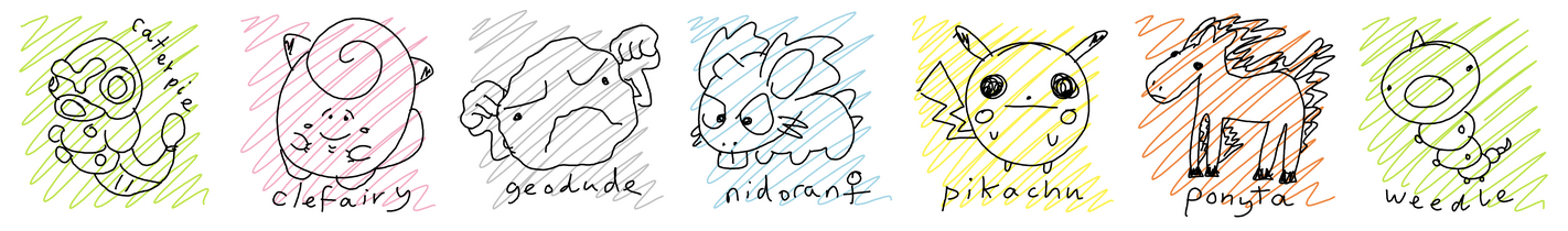 A badly hand-drawn image of the Pokémon Caterpie, Clefairy, Geodude, Nidoran, Pikachu, Ponyta and Weedle.