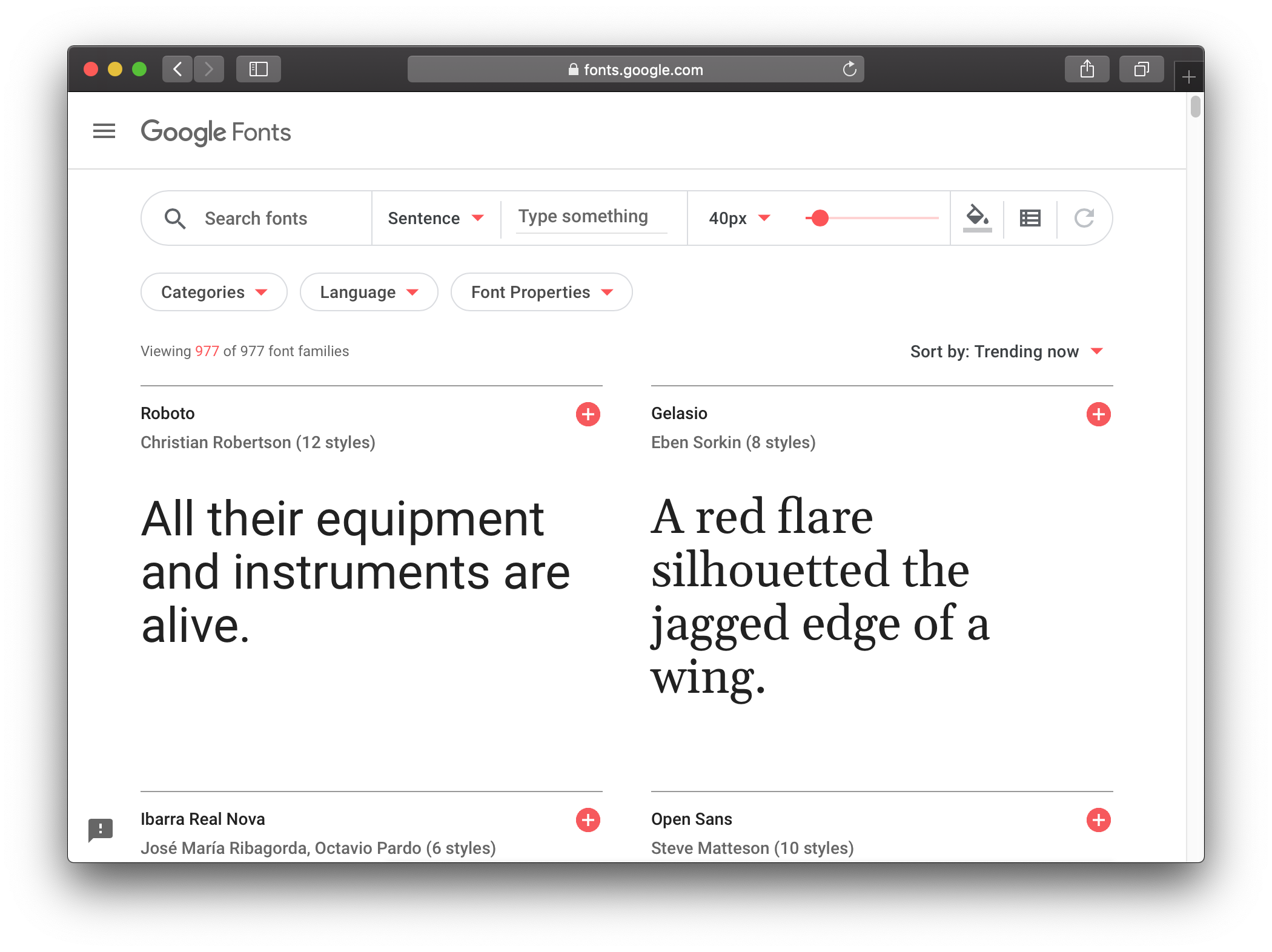 Google Fonts main page showing previews of Roboto and Gelasio fonts.