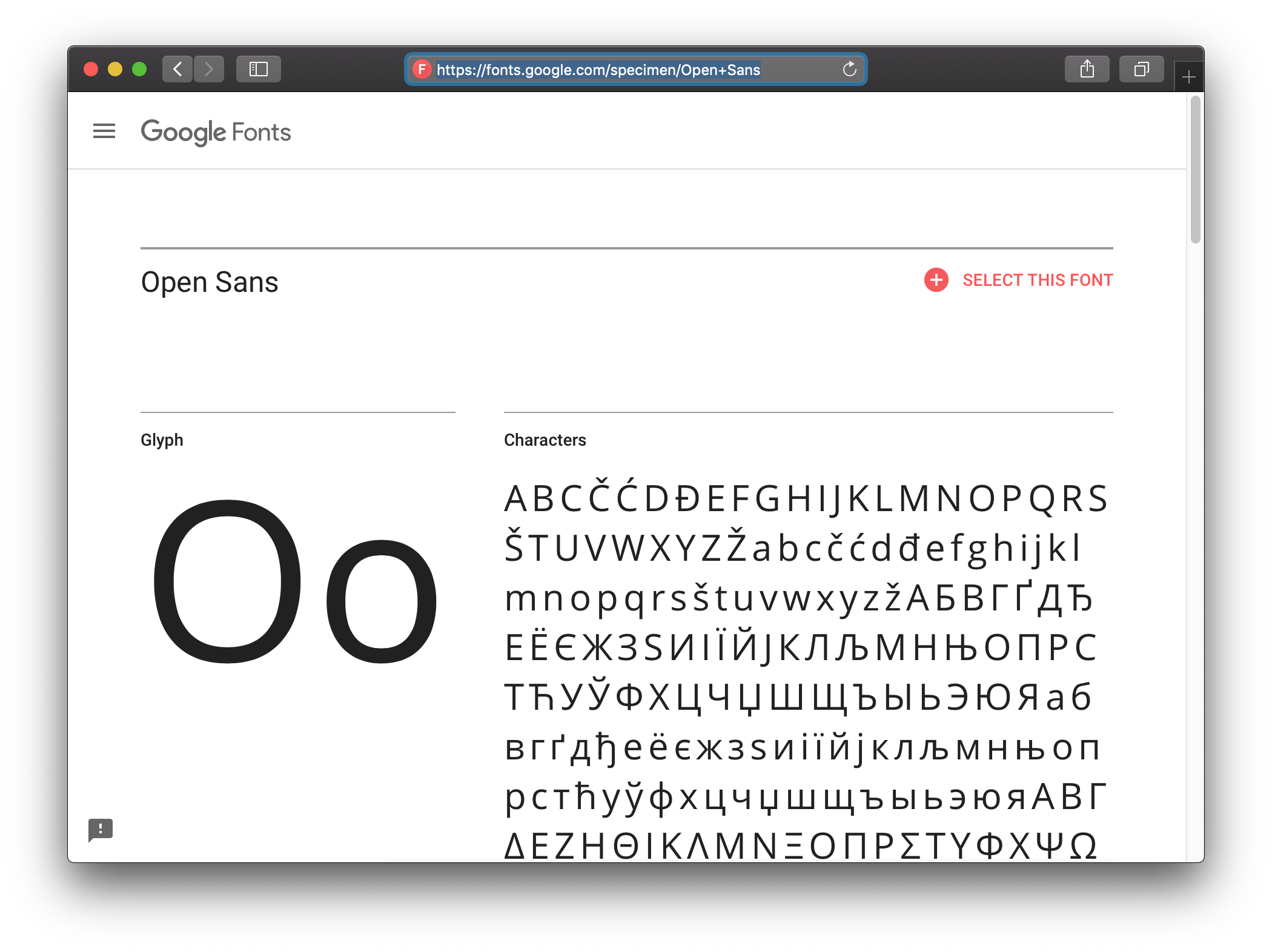 Google Fonts specimen page showing a preview of Open Sans.