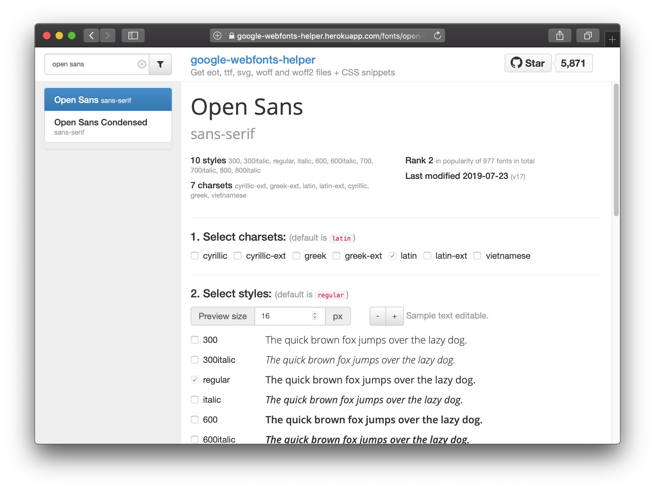 Open Sans download page on the Google Fonts Helper website.