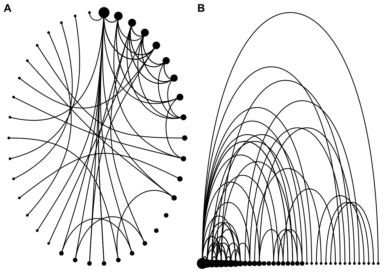 Two network graphs of the same data. One is labelled 'A' and is arranged with nodes around the edge of a circle. The other, labelled 'B' has nodes arranged along a line with arcs joining them. Most nodes have only one connection, up to about 20