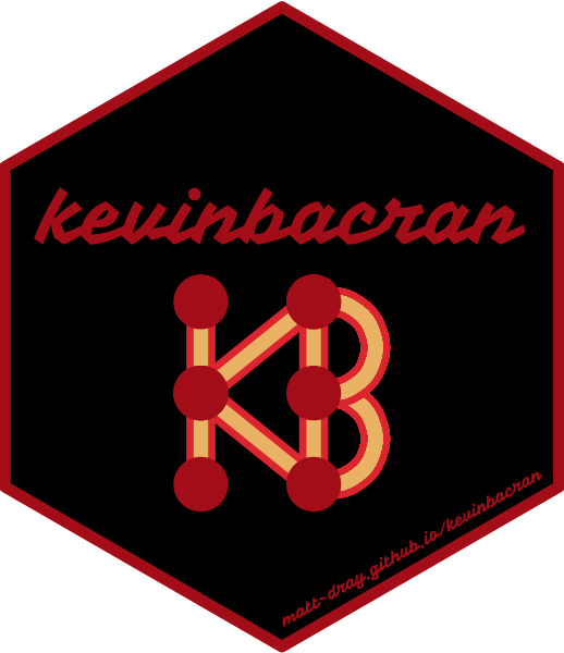 A hex sticker that says the package name 'kevinbacran' and a small graph where the edges join to spell 'KB' and are coloured like bacon.