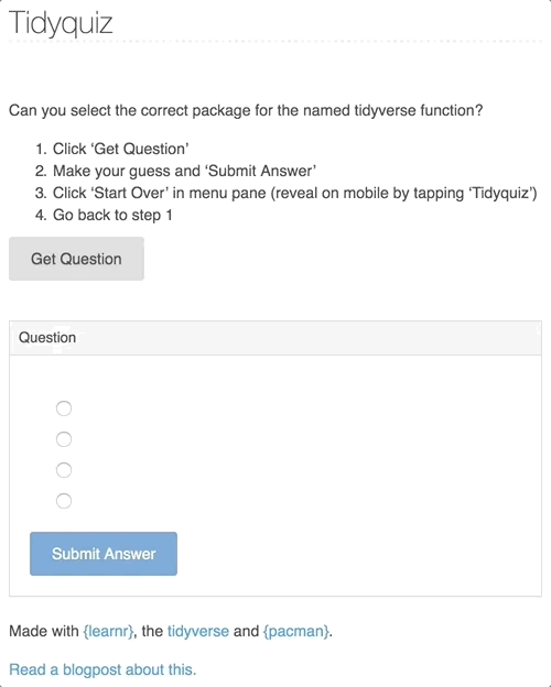 A demonstration of how to use the quiz by clicking 'get question', answering it, clicking 'submit answer', then fetching a new question with 'start over'.