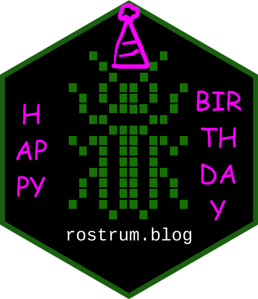 The hex sticker for rostrum.blog amended so that it says 'happy birthday' in pink Comic Sans and the insect design has a pink party hat on.