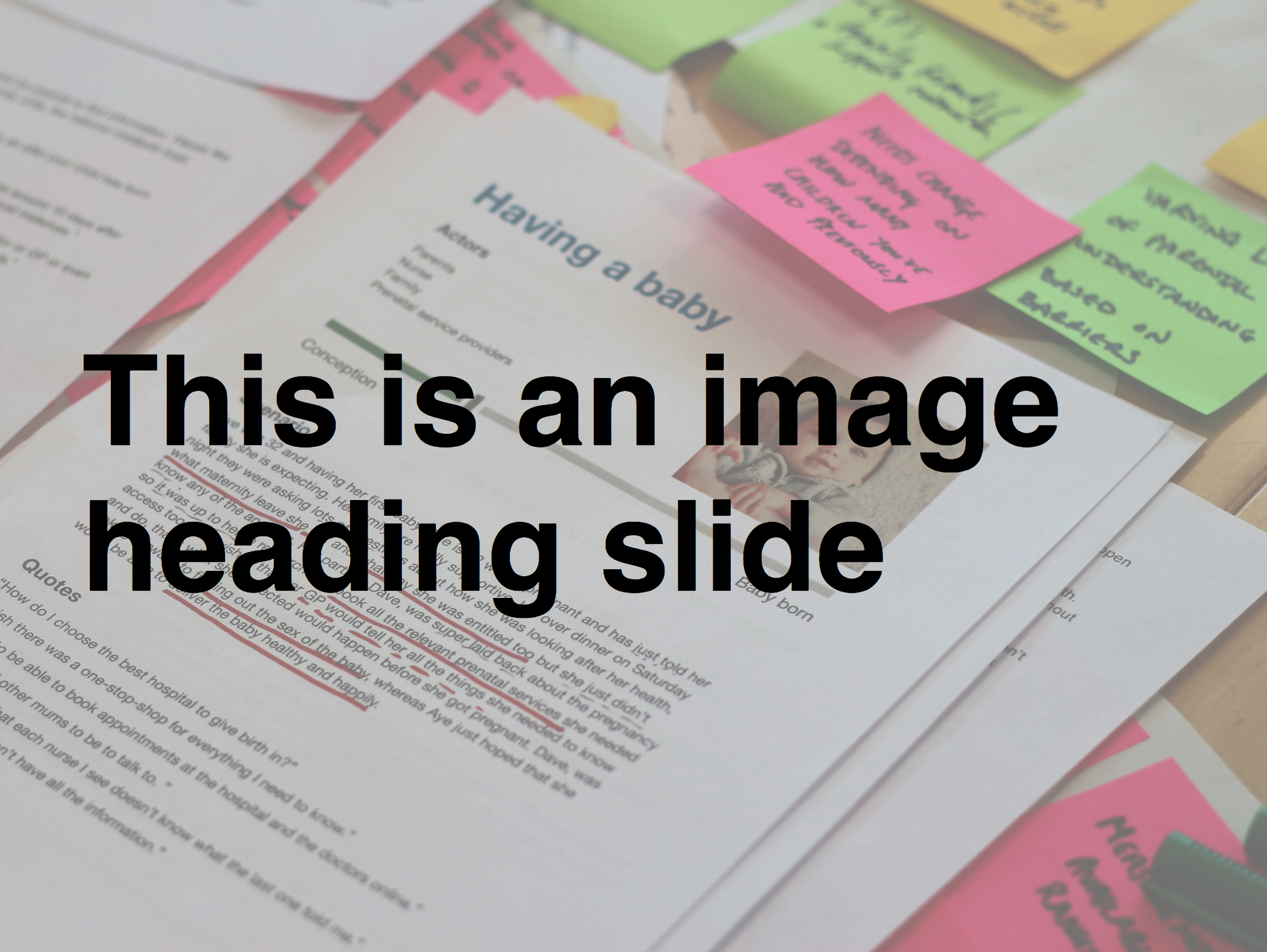 The image heading slide, which has a background image of some documents with large black overlaid text reading 'this is an image heading slide'.
