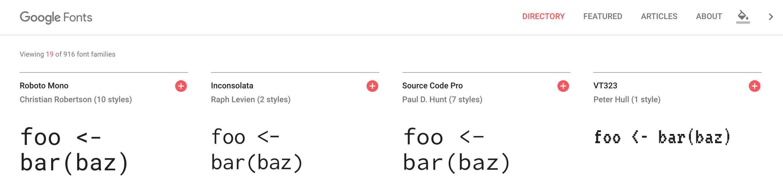 Google Fonts web page showing a line of code rendered in some different monospace fonts so they can be compared.