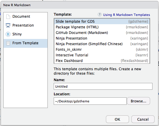 The 'New R Markdown' window with the 'From Template' option selected and 'Slide template for GDS' highlighted in the 'Template' section.