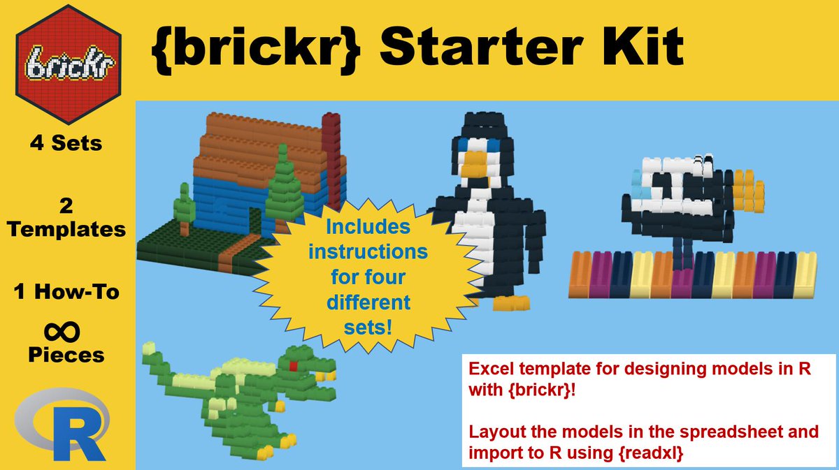 A mocked-up box cover for a Lego set called 'brickr starter kit'. Text reads 'Excel template for designing models in R with brickr' and 'lay out the models in the spreadsheet and import into R using brickr.' The side panel says '4 sets, 2 templates, 1 how-to, infinite bricks'.