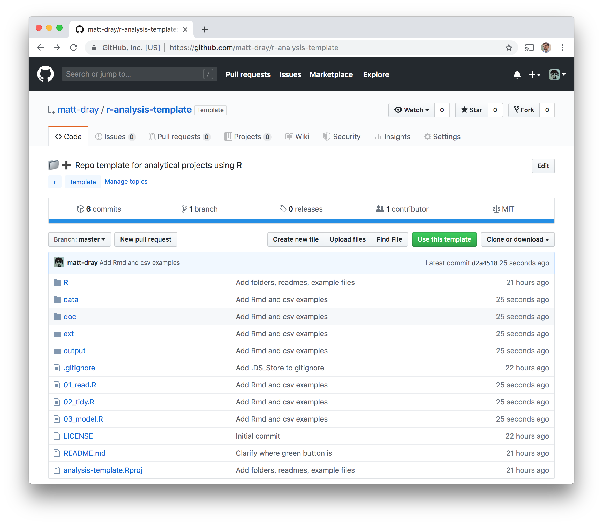 Screenshot of GitHub showing the contents of the repository template, including folders for data and outputs.