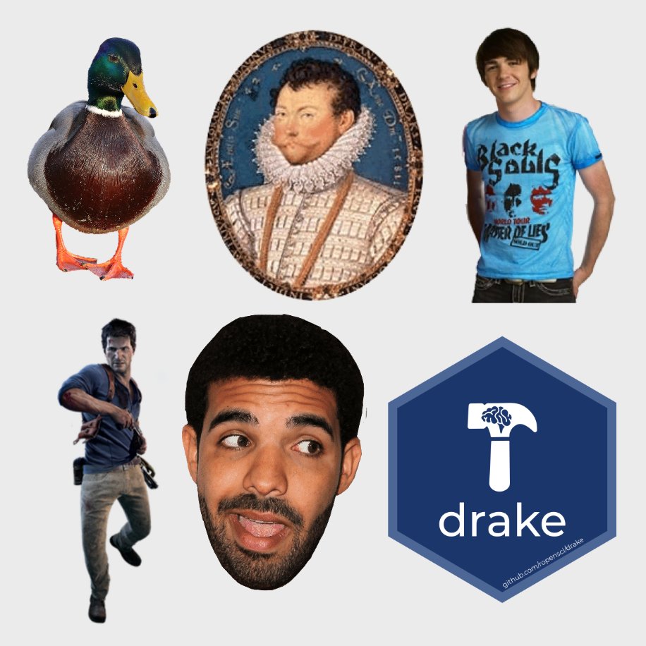 Six images: a male duck, Sir Francis Drake, Drake from the Drake & Josh TV show, Nathan Drake from the Uncharted video games, Drake the musical artist, and the hex sticker for the drake package.
