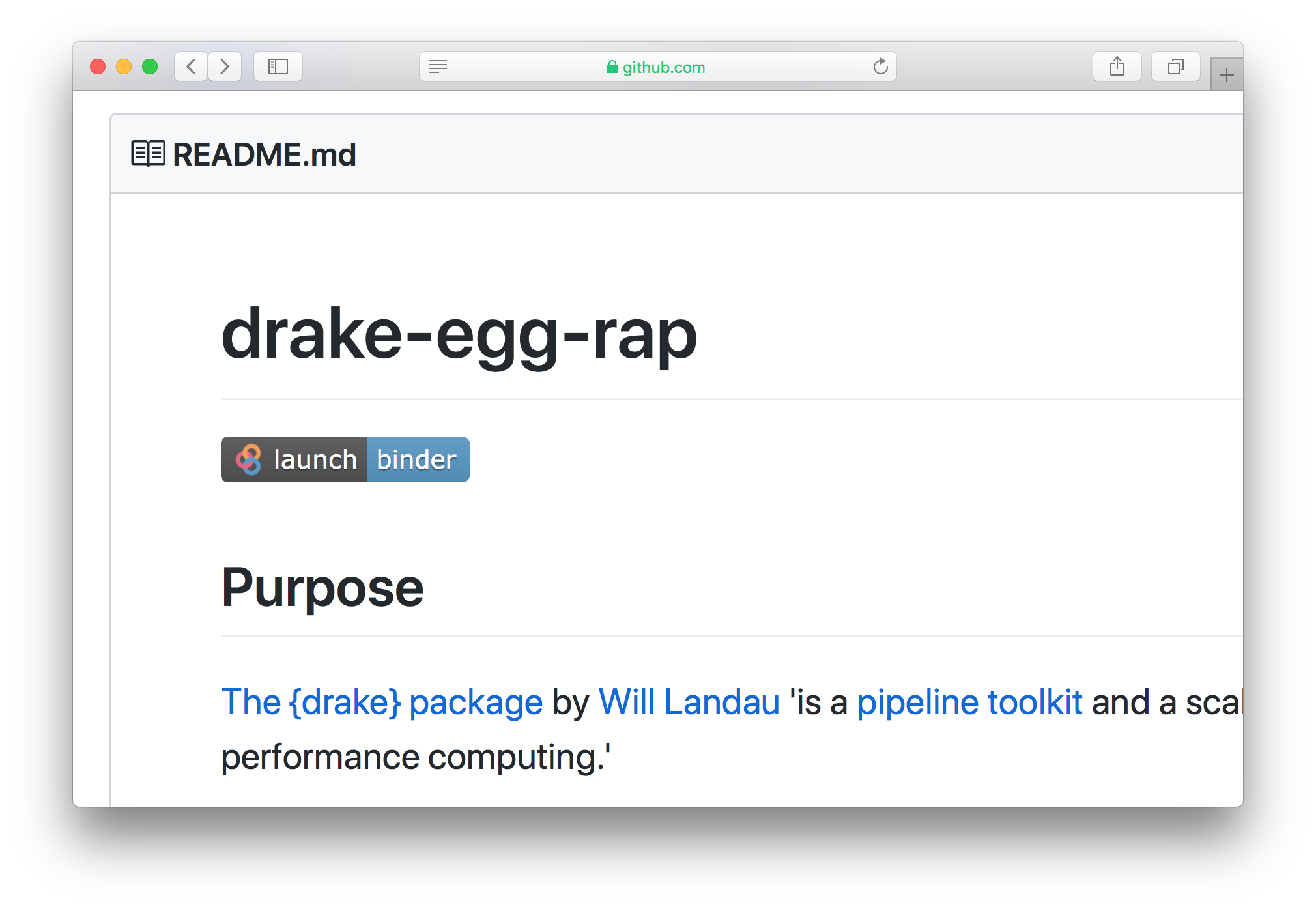 The README for the drake-egg-rap repo showing the Binder badge.