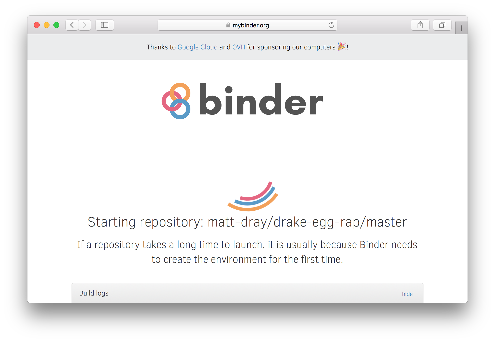 The Binder launch page saying 'starting repository' with the name of GitHub repository.