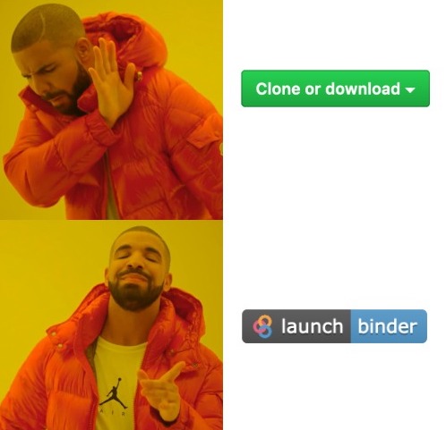 A Drake meme, where Drake, the musician, reacts negatively to GitHub's 'clone or download' button and positively to the 'launch binder' repo badge.