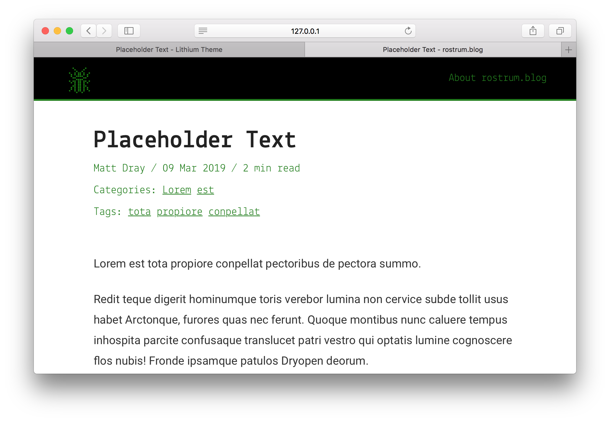 A post showing the modified Lithium theme on this blog, with the author, date, reading time, categories and tags under the title.