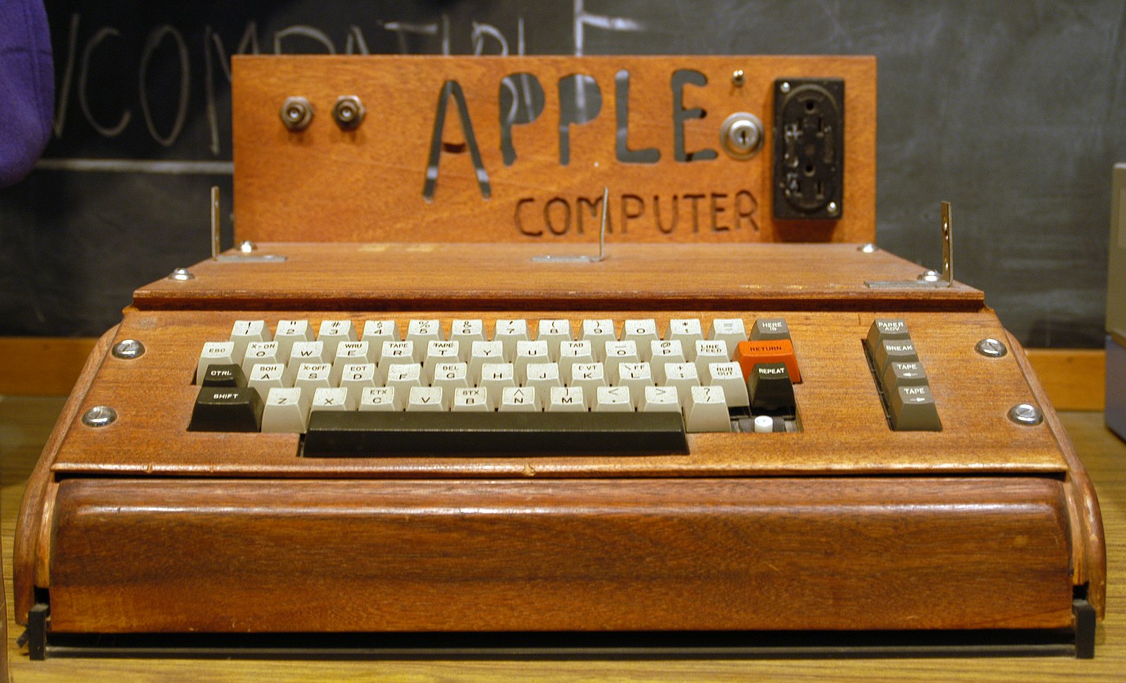An early Apple I computer with a wooden chassis.