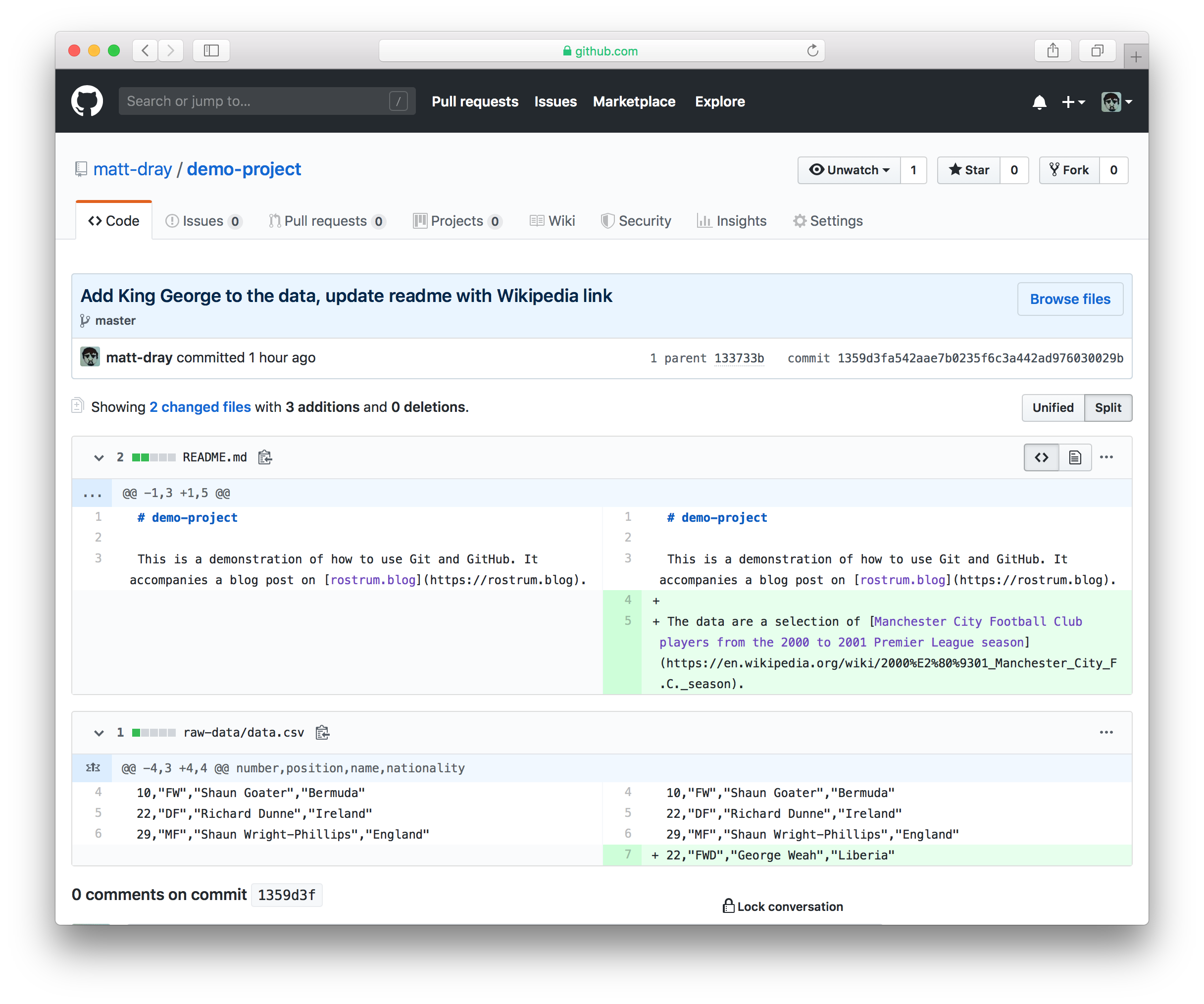 A GitHub repository showing an old and new version of a file side by side. The updates are highlighted in green and display a plus symbol.