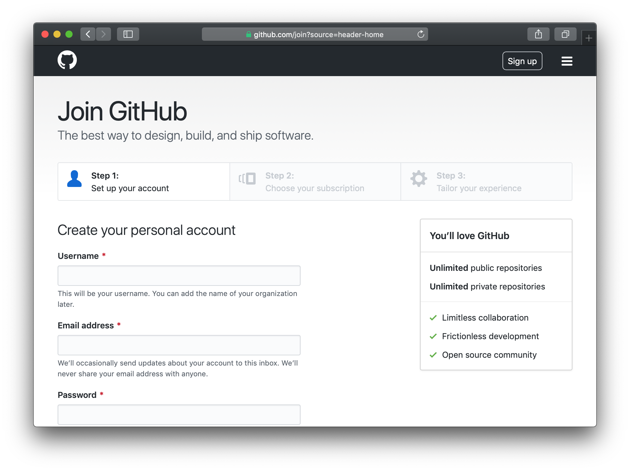 The GitHub sign-up screen with space to add a username, email address and password.