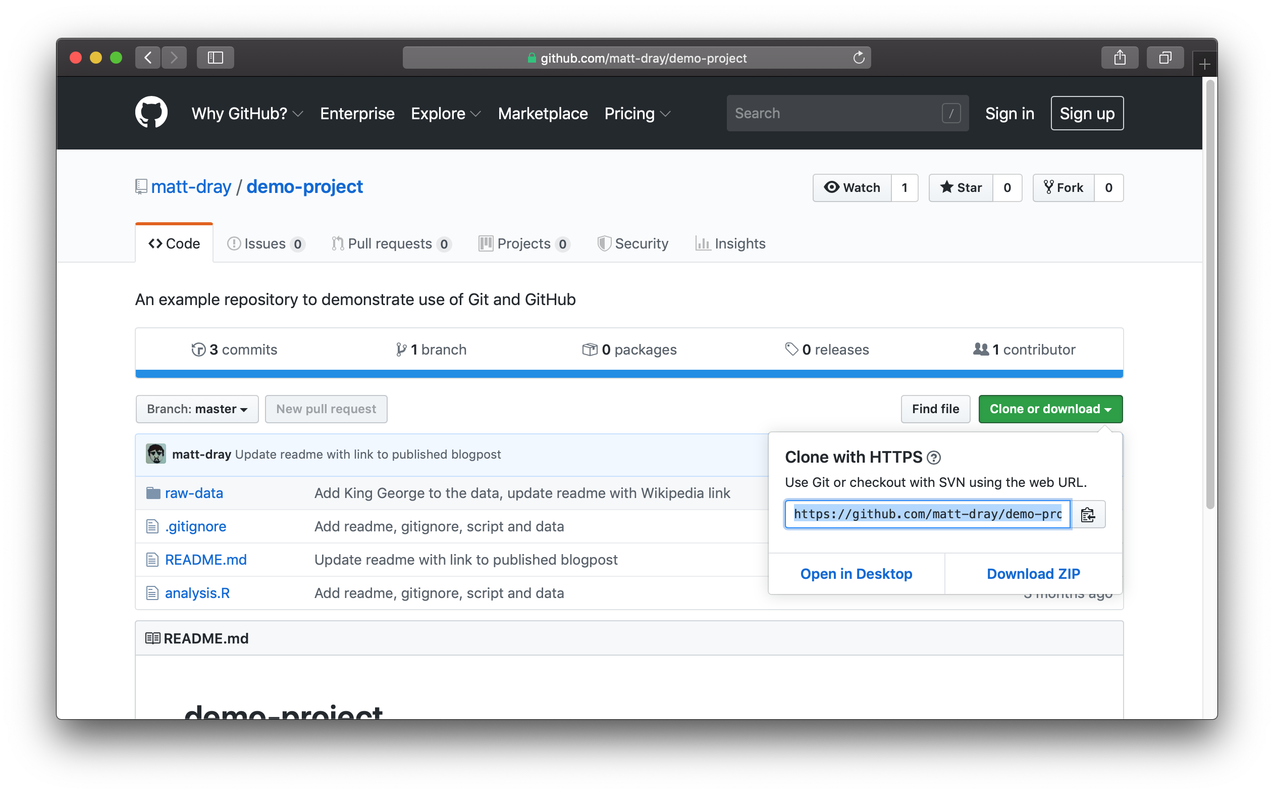 Screenshot of a GitHub repo with the 'clone or download, button selected.