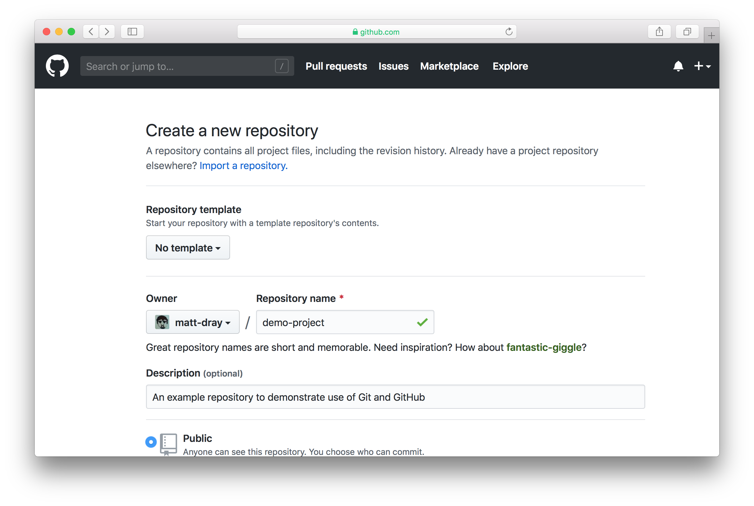 Setting up a new remote repository on GitHub by supplying a repository name and description.