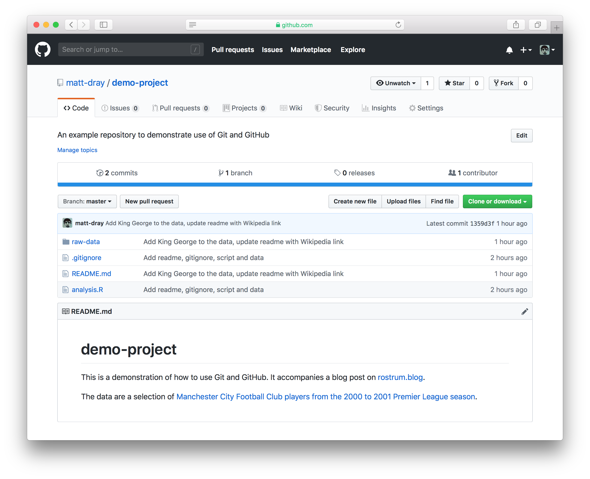 A GitHub repository listing the files under version control, with the readme file rendered underneath.