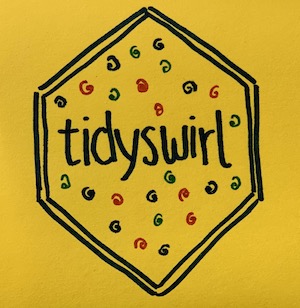 A yellow post-it note with a design for a hexagonal sticker with 'tidyswirl' written on it, surrounded by small swirly shapes of different colours.