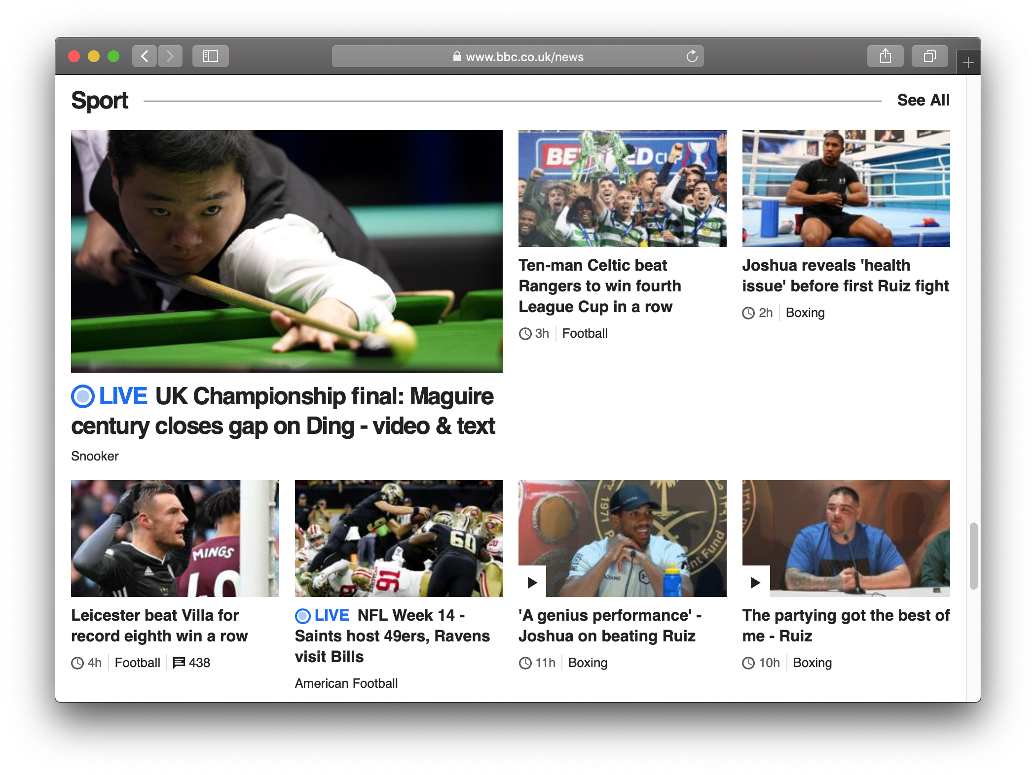 The sports section of the BBC News home page showing several images of athletes.