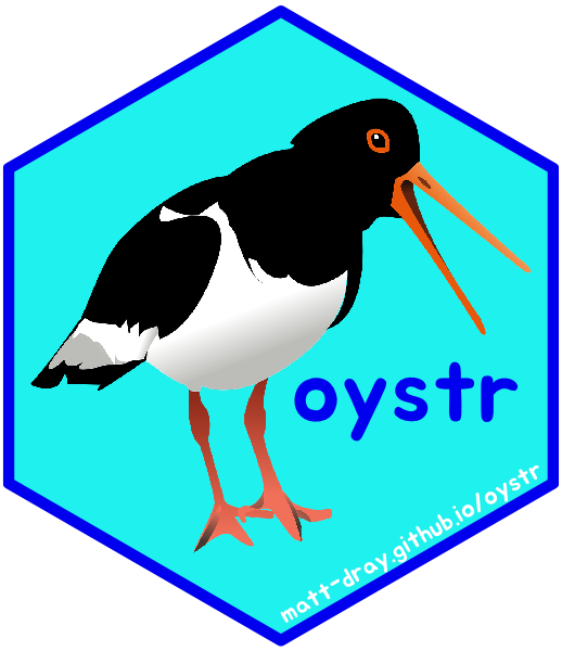A hexagon-shaped sticker for the oystr package, featuring an oystercatcher bird and a link to matt-dray.github.io/oystr.