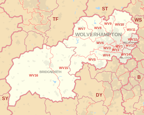 A map of the WV postcode area around Wolverhampton