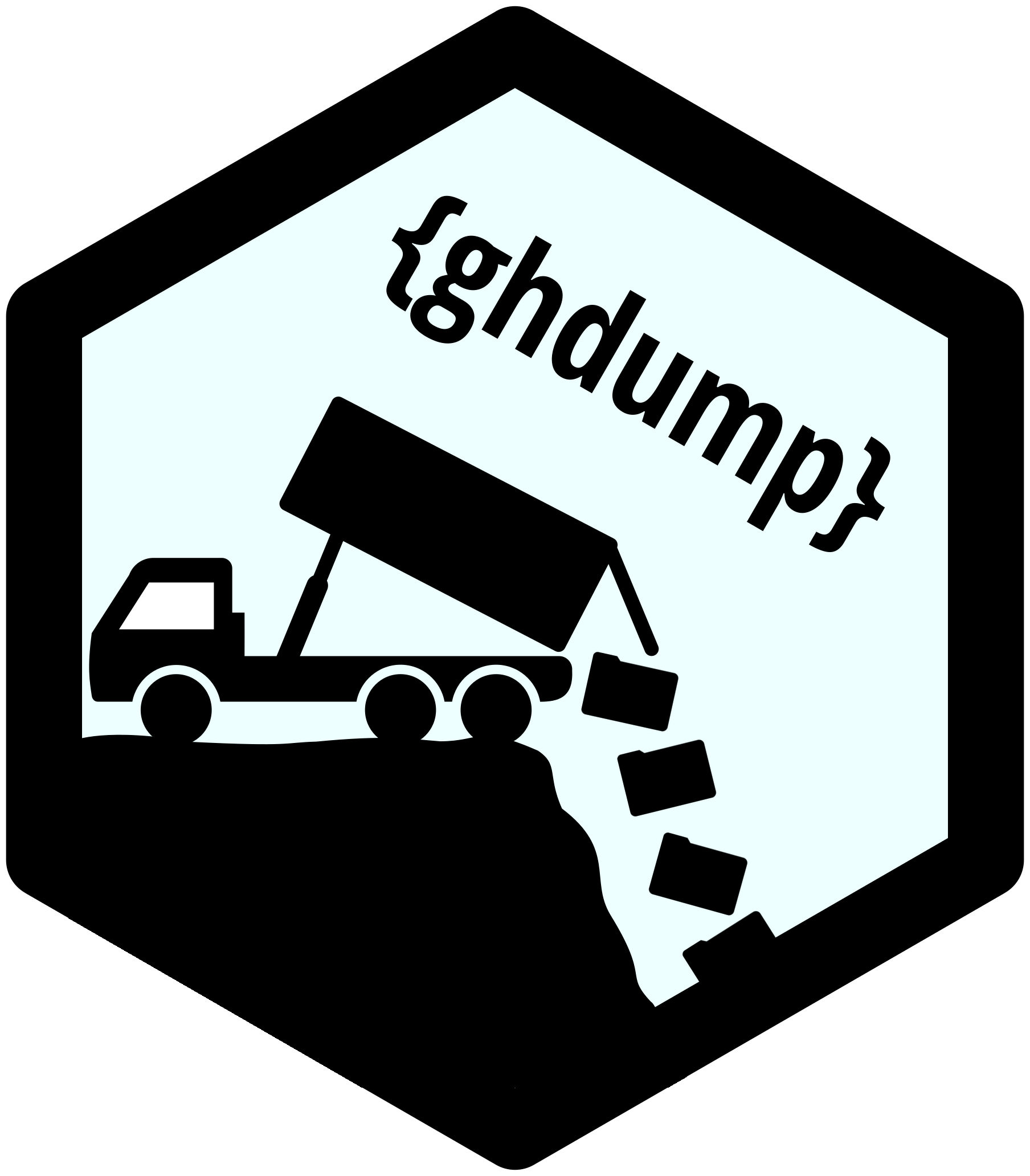 A silhouette of a dump truck dumping trash bags.