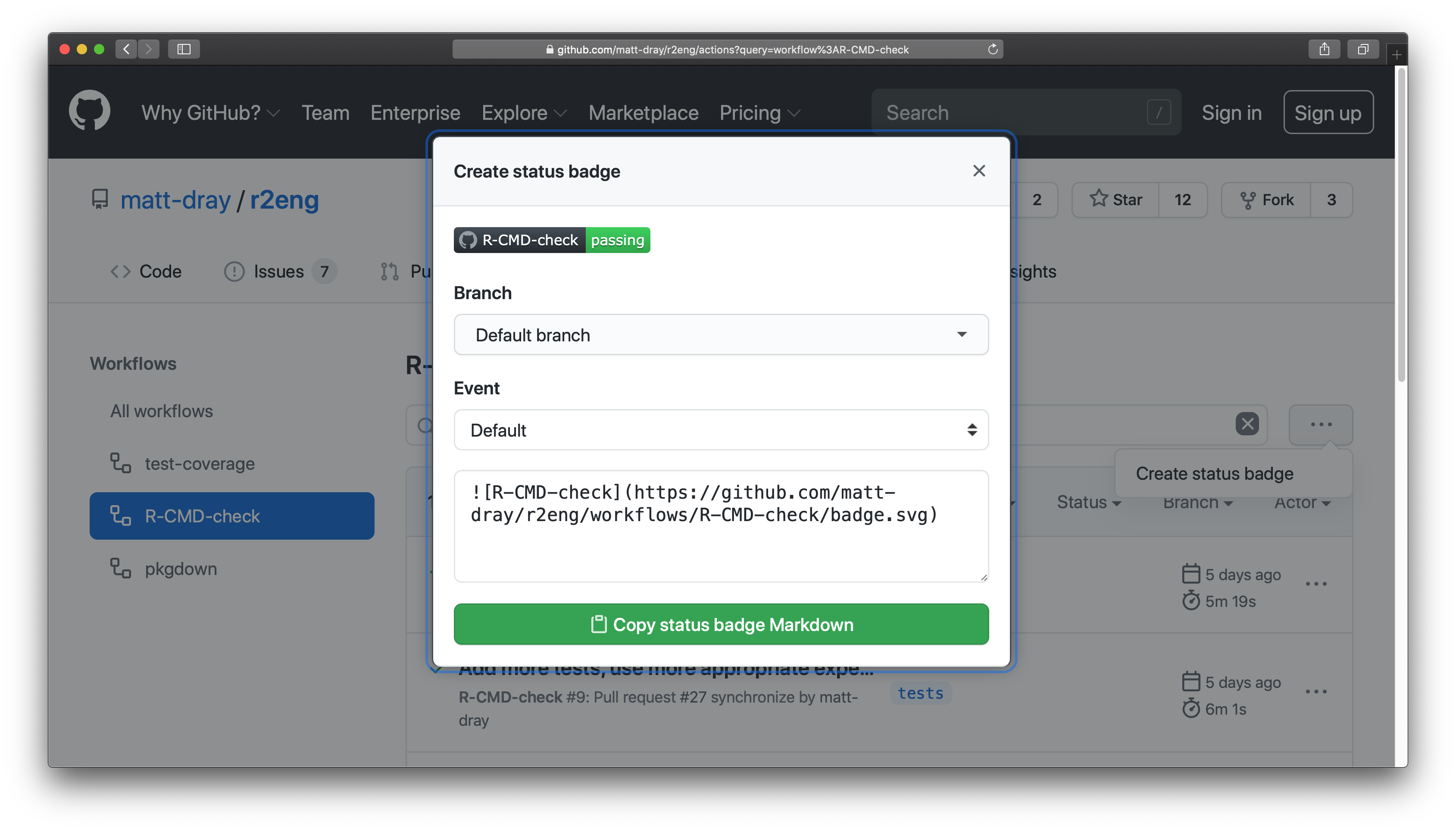 GitHub's 'create status badge' tool showing a badge for the R CMD check and the Markdown needed to reproduce it.
