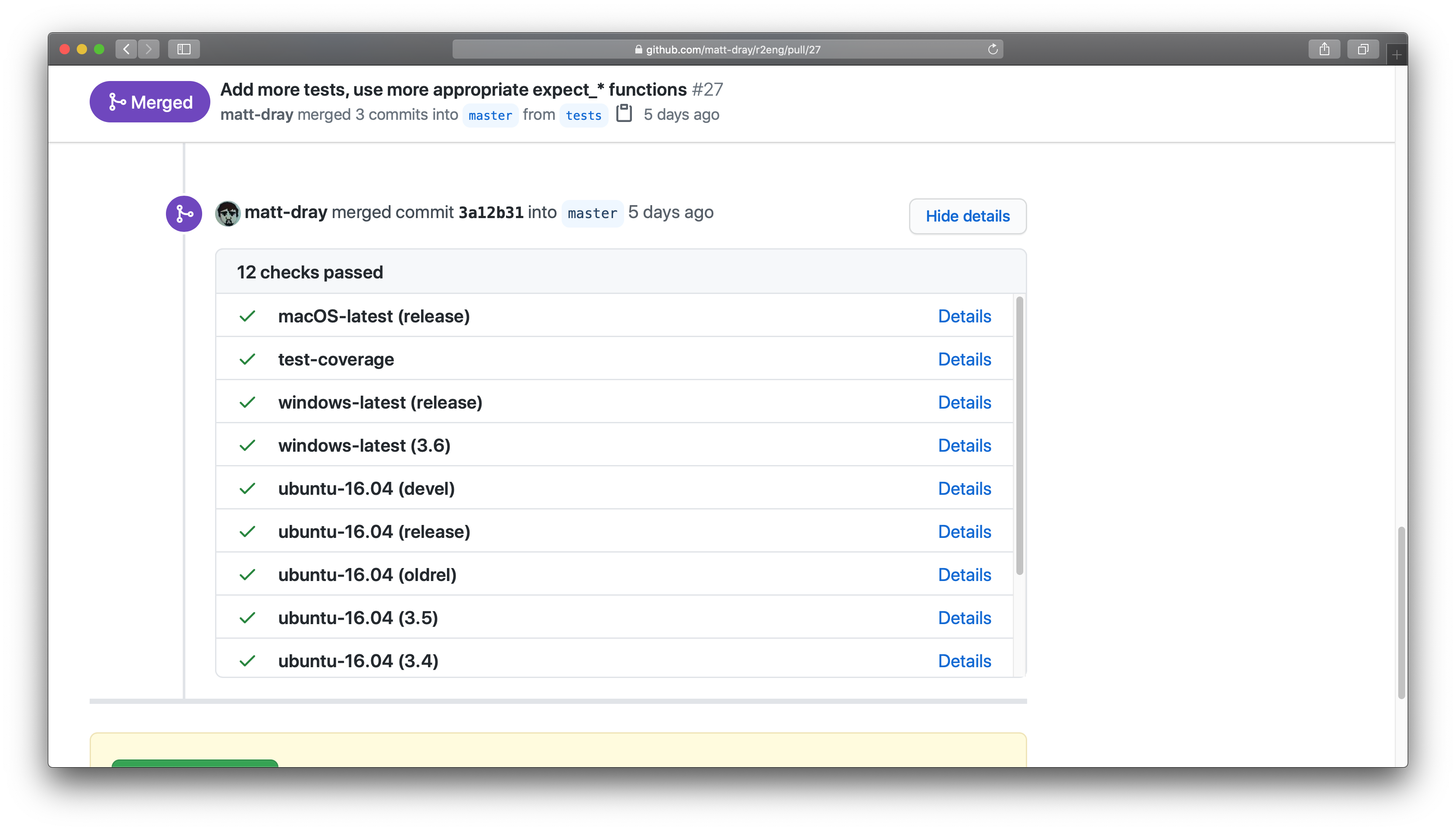 A GitHub pull request showing the successful results of each test run with GitHub Actions.