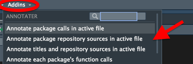 The RStudio addins dropdown menu showing options from the 'annotator' addin.
