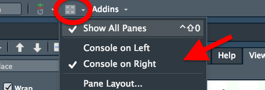 The dropdown menu for altering the layout of pane sin RStudio, showing options for putting the console on the left or right.