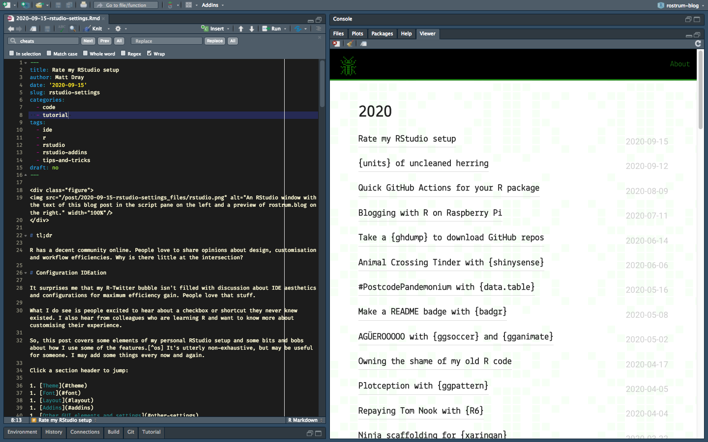 An RStudio window with the text of this blog post in the script pane on the left and a preview of rostrum.blog on the right.