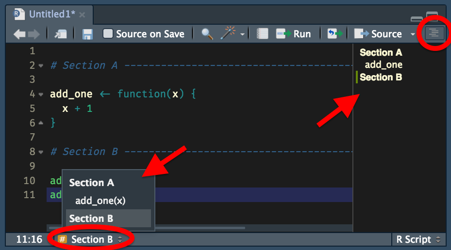 The RStudio sctip pane showing the document outline panel and jump to menu, which both show the name of the sections that have been inserted into the file.
