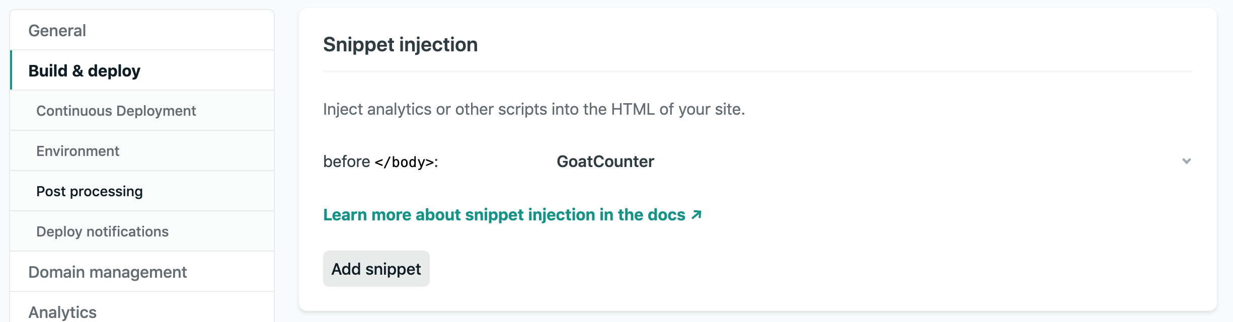 Netlify's HTML injection option confirming the GoatCounter code snippet used to count page visits.