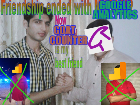 Classic meme showing two men clasping hands with two inset images of another man with a cross drawn through him, with text reading 'Friendship ended with MUDASIR now SALMAN is my best friend'. The text is edited to replace 'MUDASIR' with 'GOOGLE ANALYTICS' and 'SALMAN' with 'GOATCOUNTER'. Mudasir's face is replaced by the Google Analytics logo and Salman's with Goatcounter's.