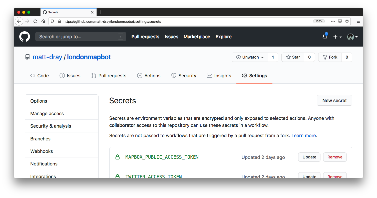 The GitHub website opened in the Secrets section of the Settings menu, with an example Mapbox token name being shown.