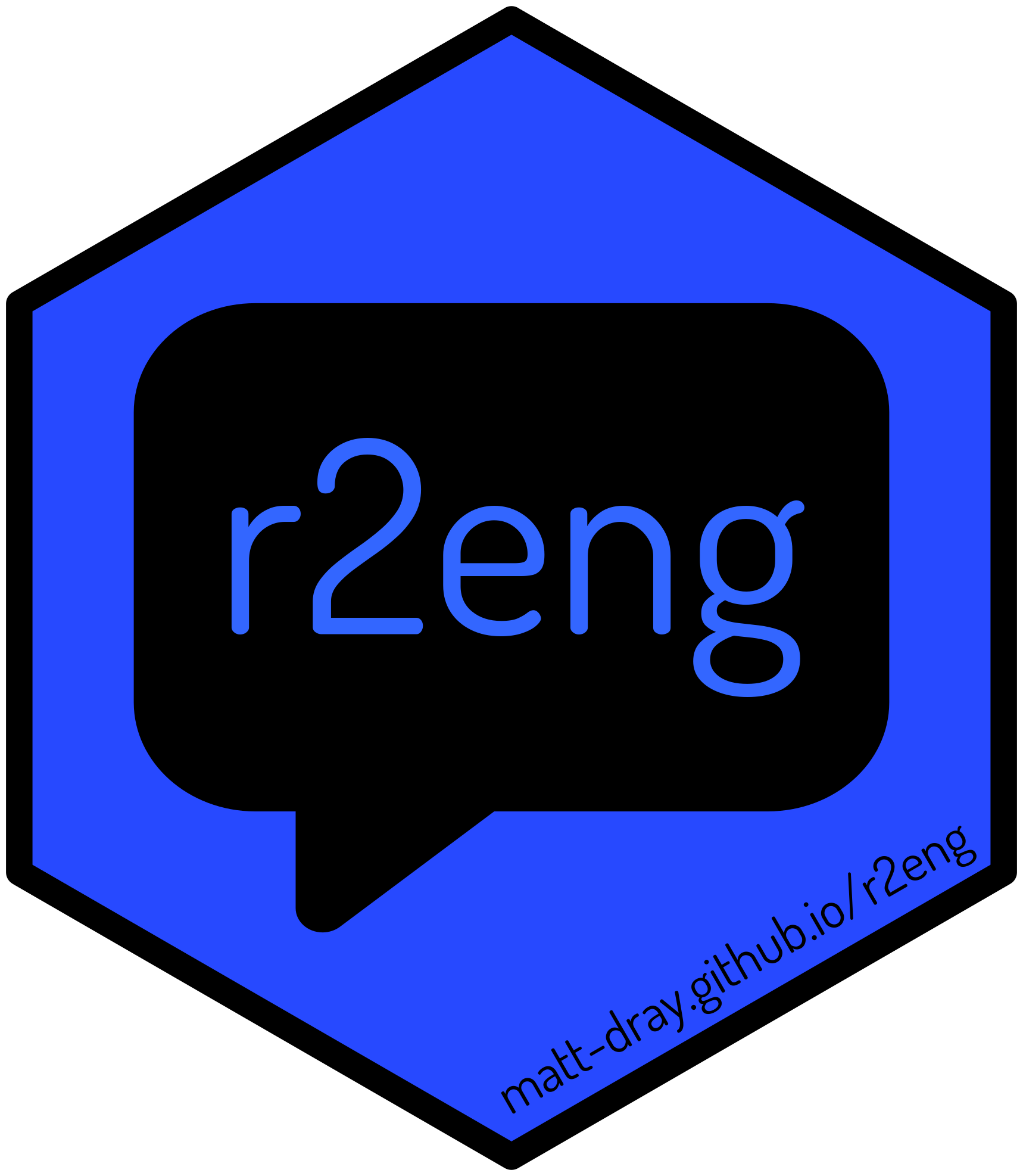 Hexagonal logo for the r2eng package showing the package name inside a speech bubble with the URL matt-dray.github.io/r2eng.