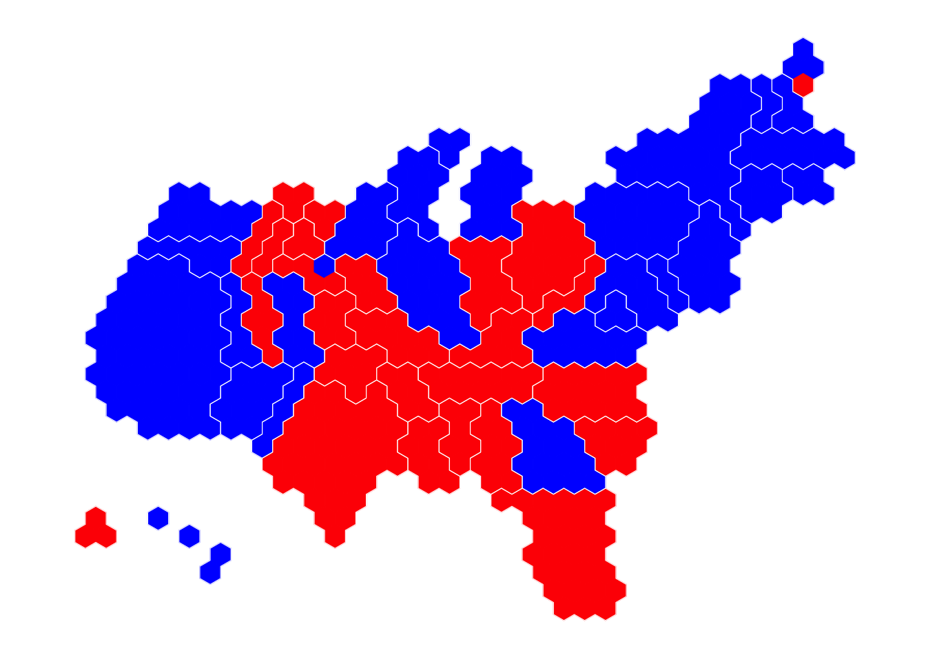 A map of the US where each state is made of hexagons that represent congressional districts.