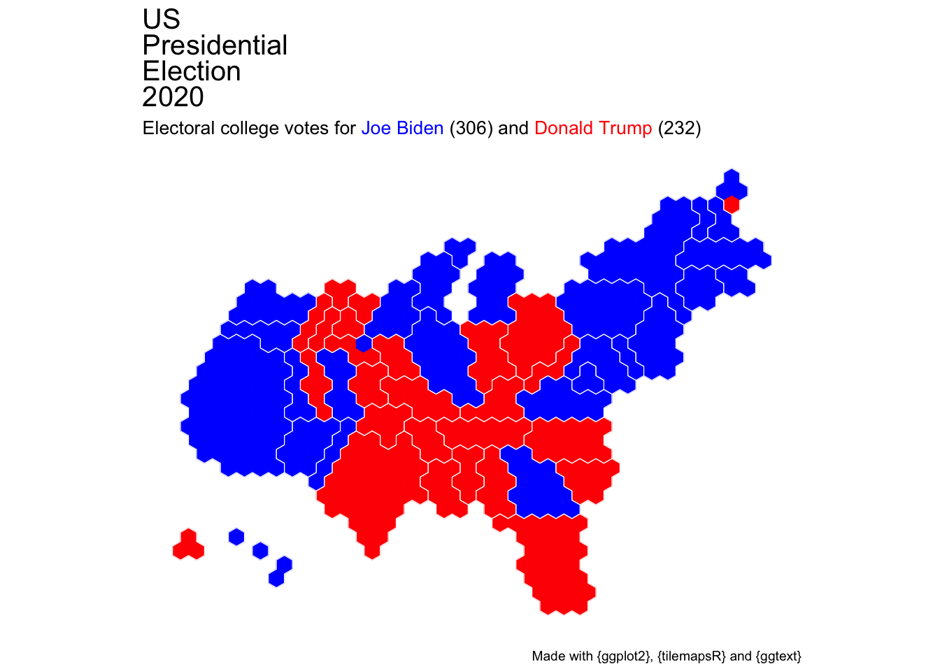 A map of the US where each state is made of hexagins that represent congressional districts. There are more blue than red hexagons. The subtitle says that this equates to 306 Biden votes to 232 Trump votes.