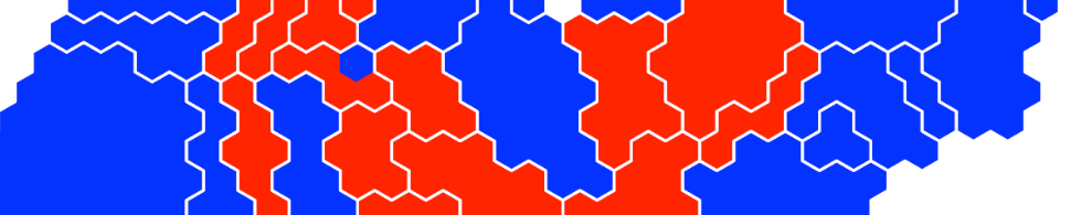 A zoomed-in portion of a tilegram map, with hexagons coloured red and blue to indicate the winning party.