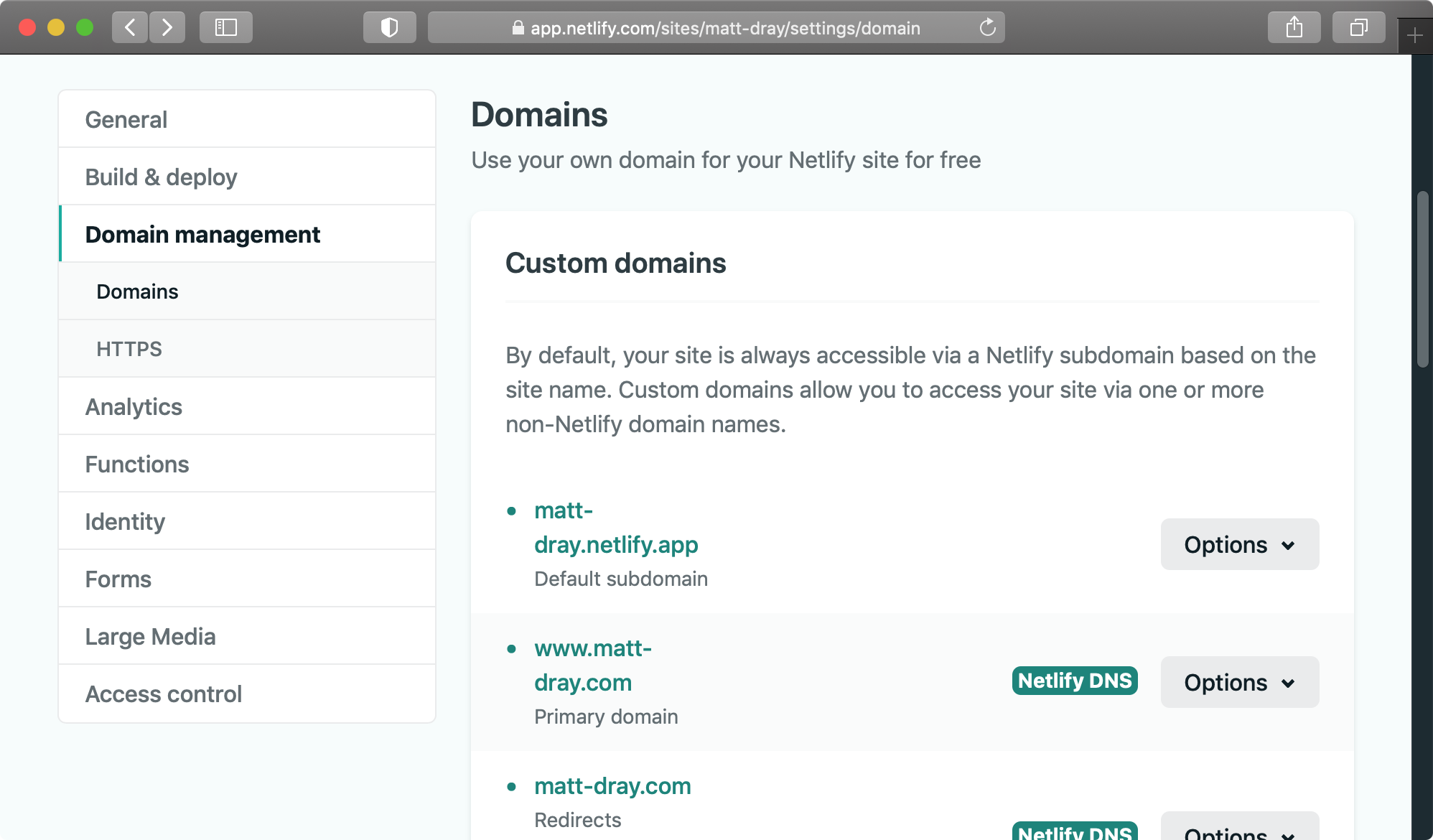 Screenshot of Netlify domain settings for a web page.